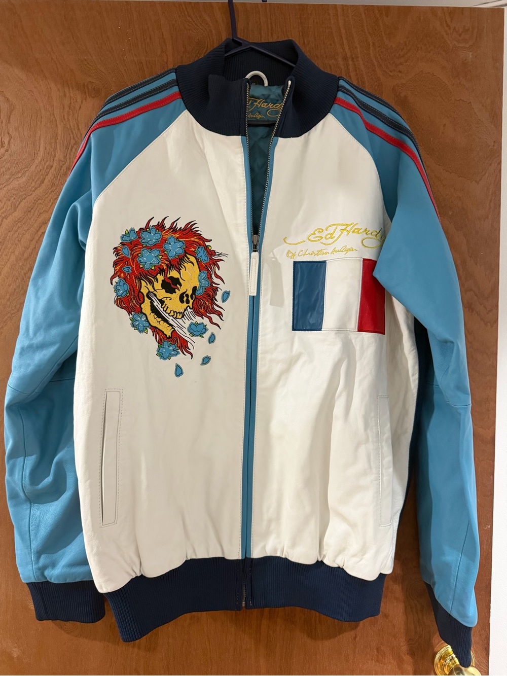 Ed Hardy White & Light Blue Leather Bomber Jacket with Red Accents